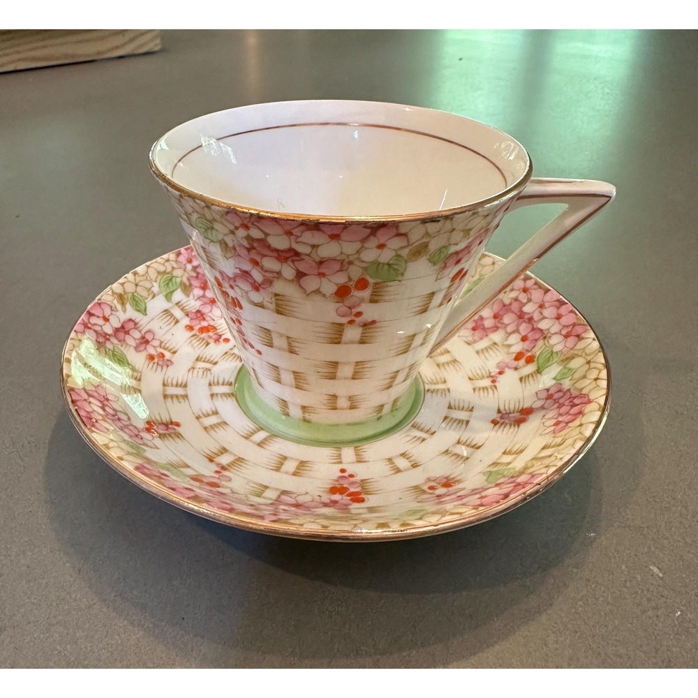 1940's Royal Mayfair Bone Chine Teacup and saucer Basketweave & Pink Flowers